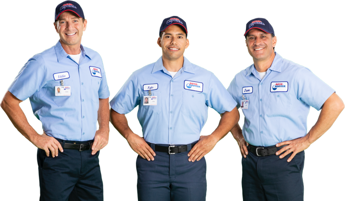 3 Roto-Rooter plumbers standing and smiling hands on their hips