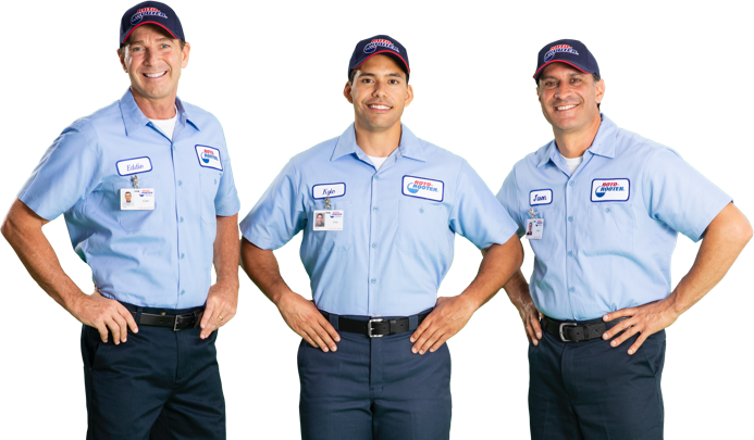 3 Roto-Rooter plumbers standing and smiling hands on their hips