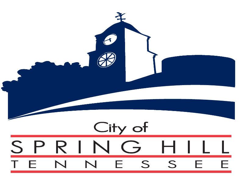 Logo of City of Spring Hill Tennessee City skyline outlines in blue color with the bell tower in the middle of it.