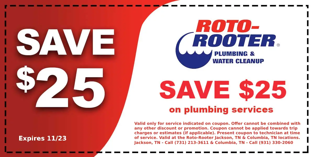 Roto-Rooter TN Jackson & Columbia $25 OFF Plumbing Coupon - 11/23